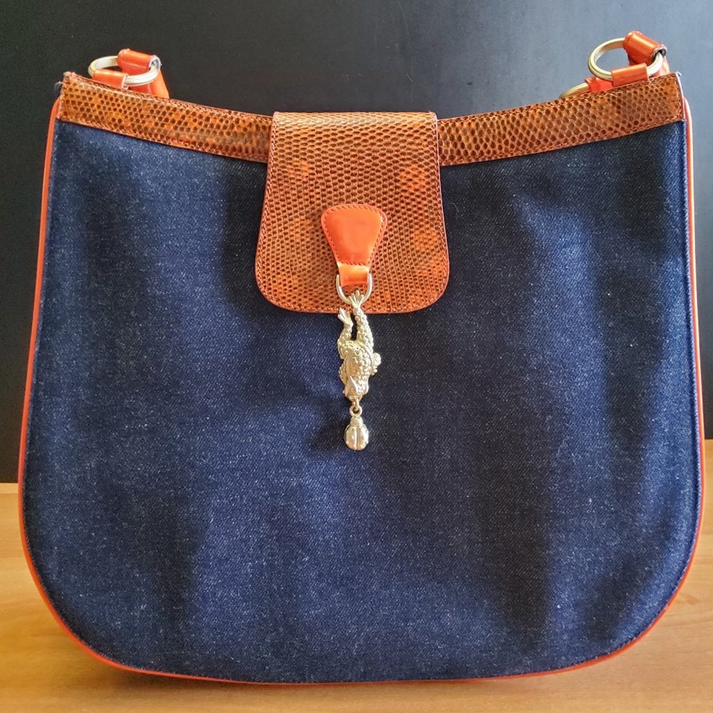 AUTHENTIC KIESELSTEIN-CORD DENIM LEATHER TRIM SHOULDER BAG - VINTAGE
